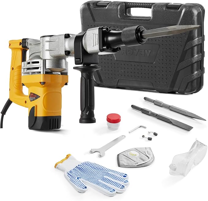 VEVOR Demolition Jack Hammer, 1400W Electric Jackhammer Heavy Duty, 2900 BPM Jack Hammer Concrete Breaker, with 1 Point Chisel, 1 Flat Chisel, Storage Case, Gloves and Goggles, for Demolition