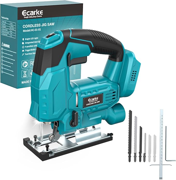 Ecarke Cordless Jig Saw Compatible With Makita 18V Battery, 4 Orbital Sets, 6 Variable Speeds Control, Dust-Blowing, ±45° Bevel Cuts, LED Light and 6PCS Blades For Straight Curve Cutting, Tool Only