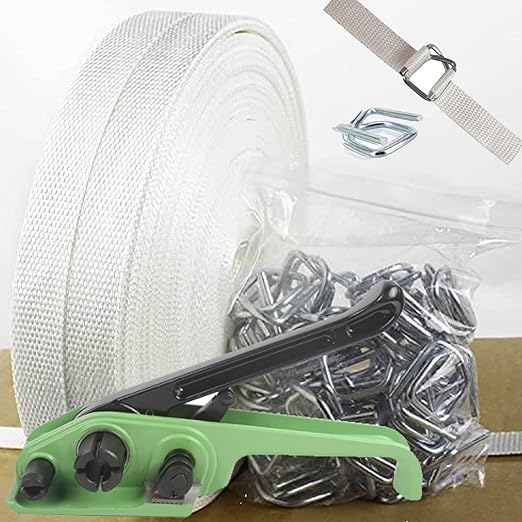 Banding Strapping Kit, Woven Cord Pallet Packaging Tool, Upgraded Strapping Tensioner Tool, 3/4" x 330' Woven Cord (2400 LBS Break Strength), 100pcs Metal Buckles and Woven Cord Roll