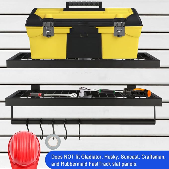 Slatwall Shelves, 2 Pack, Heavy Duty Holds Up to 110 lbs | Slatwall Shelf (9.6" X 22.75"), Heavy Storage Rack Designed for Garage, Home & Retail, Black