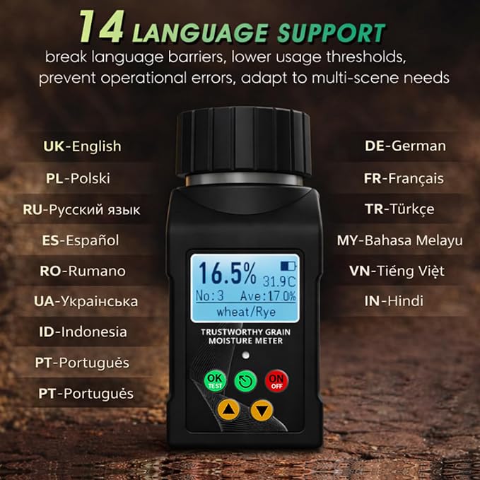 Grain Moisture Tester for 40 Grains, Smart Grain Coffee Bean Moisture Meter with Temperature Measurement, Data Storage, Portable Cup-Type Grain Moisture Detector for Wheat, Corn, Cocoa Beans, Seed