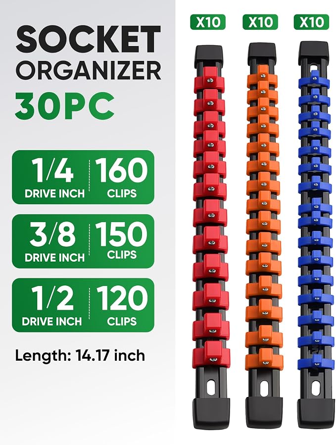 ALOANES 30PC Socket Organizer, Socket Rails Fit 1/2", 1/4" and 3/8" Drive | Portable Heavy Duty ABS Socket Holders Hold up 430 Sockets for Toolbox Drawer Bags(5 Color)