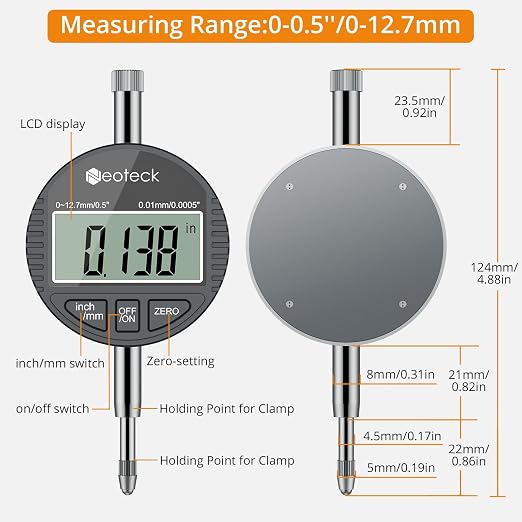 Neoteck Digital Bore Gauge Set Digital Indicator Bore Gauge (2"-6"/0.0005") Measurement with Self-Centering Dial Carbide Anvils and Insulated Grips for Deep Engine Cylinder Measurement