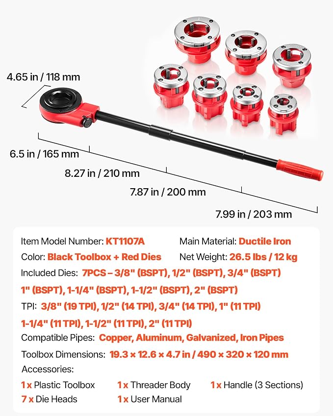 VEVOR Ratchet Pipe Threader Kit with 7 Dies, 3/8" BSPT to 2" BSPT Manual Ratcheting Pipe Threading Tool, Portable Pipes Threader Set with Toolbox for Plumbing Installation & Repair