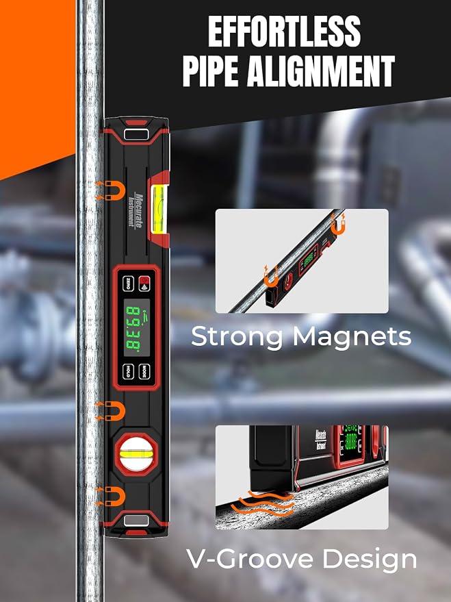Mecurate 16-Inch Digital Level, Portable Electronic Angle Finder with Backlit Display, ±0.1° Accuracy, Magnetic Base, 4 Measurement Units, Compact Torpedo Smart Level Tool for DIY & Professional Use