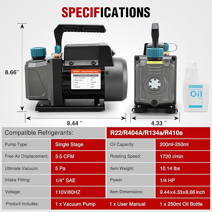 Nilight HVAC Vacuum Pump, 3.5 CFM 1/4 HP 110V Single Stage AC Vacuum Pumps Kit for R22 R404a R134a R410a 5 Pa Ultimate Vacuum for Auto Air Conditioning Servicing Refrigerant Recharging, Oil Included