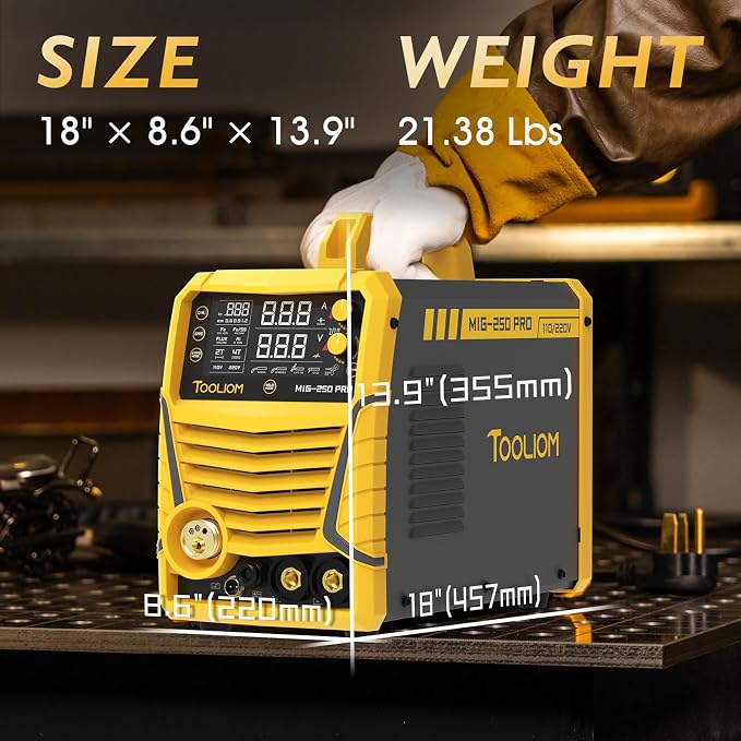 TOOLIOM Aluminum MIG Welder with Pulse 250A 110V/220V Dual Voltage 6 in 1 Multifunctional Welding Machine Pulsed MIG/Gas MIG/Flux Core/Spool Gun MIG/Lift TIG/Stick