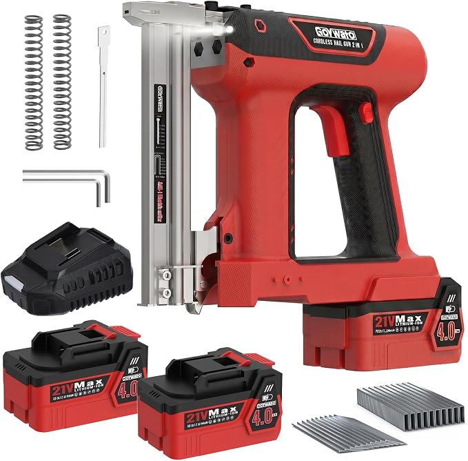21V Cordless Nail Gun - 18 Gauge 2 in 1 Battery Powered Electric Brad Nailer with 2 x 4.0Ah Batteries & Charger & 1000 Nails & 1000 Staples for DIY & Home Improvement & Wood Working (Red)
