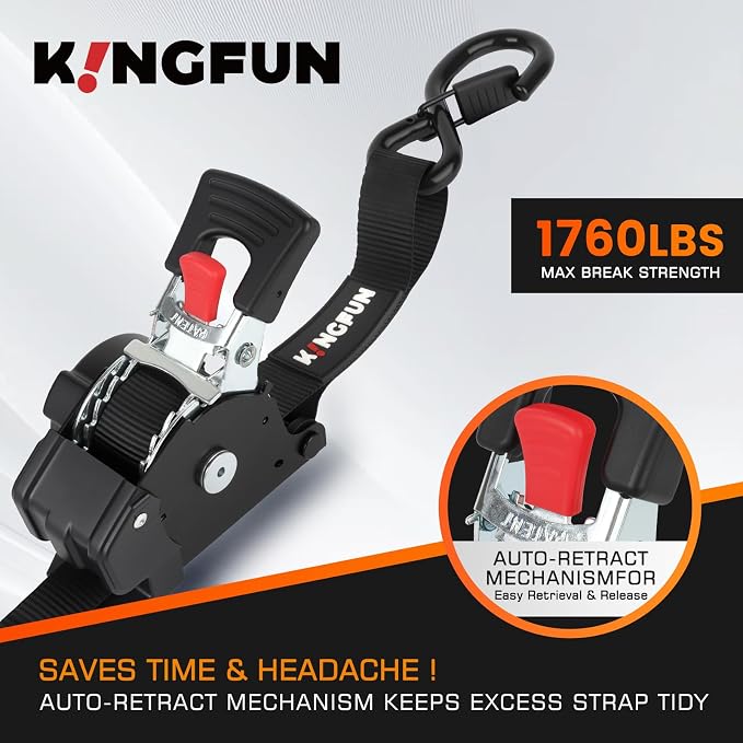 Retractable Ratchet Straps 4 Pack, 1" x 10' Self Retracting Tie Down Straps | Heavy Duty Ratchet Straps with 1760lb Break Strength, Auto Retractable Tie Down Straps for ATV, UTV, Motorcycle, Trailer