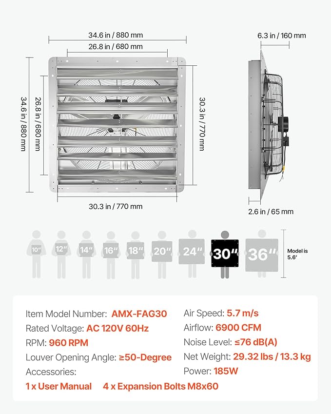VEVOR 30'' Exhaust Fan, Wall Mounted Attic Fan with Variable Speed, 6900 CFM, Automatic Shutter, Ventilation and Cooling, Silver, Fan Only