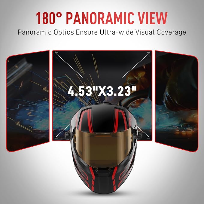 ANDELI Welding Helmet - Panoramic 180° View 4.53"X3.23",1/1/1/2 True Color Solar Powered Welder Hood，Wide Shade Welder Mask for TIG MIG ARC Cut and Grind，OPTIM-600LB-TGB with Welding Gloves