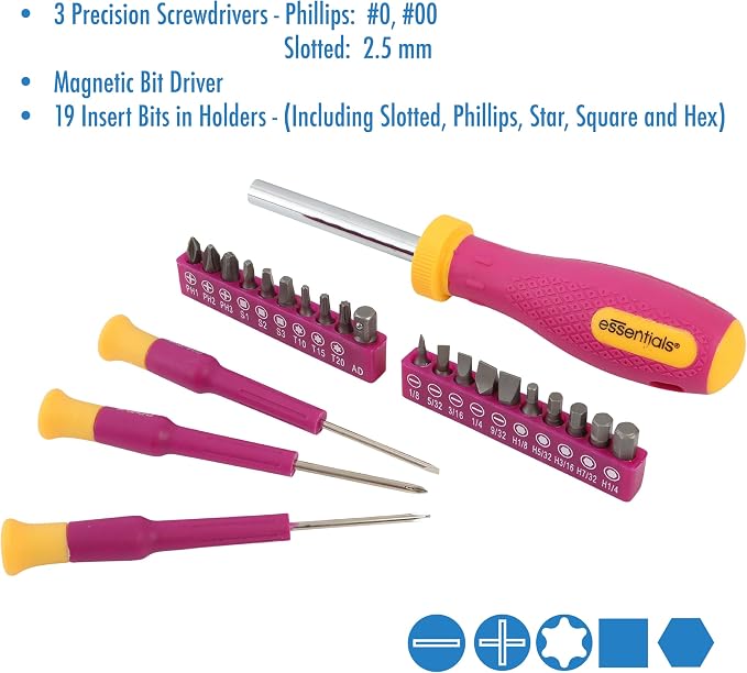 Pink Tool Set 32 Piece, Mini Tool Kit, Home Repair Tool Set with Hammer, Pliers, Adjustable Wrench, Screwdrivers, Tape Measure, Level, and Bits, Dorm Room Essentials for Girls