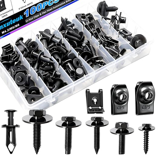 mxuteuk 100PCS U-Nut Clips & Hex Head Automotive Body Fender Bolts Kit,M4.2/M6/1/4/M8 Automotive Bolt for Most Cars Fender,Engine Undertray Cover, Engine Cover & Bumper Fender Liner