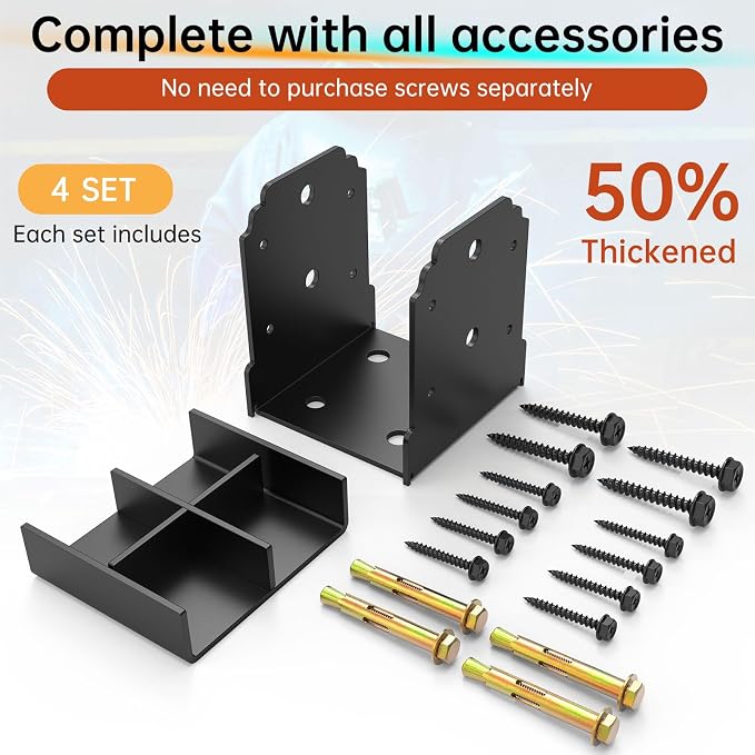 6x6 Post Base Brackets（4PCS） Heavy-Duty Post Bracket Surface Mount for Concrete, Thickened Pergola Brackets, 10,000 lbs Capacity, Black, Hidden Fasteners