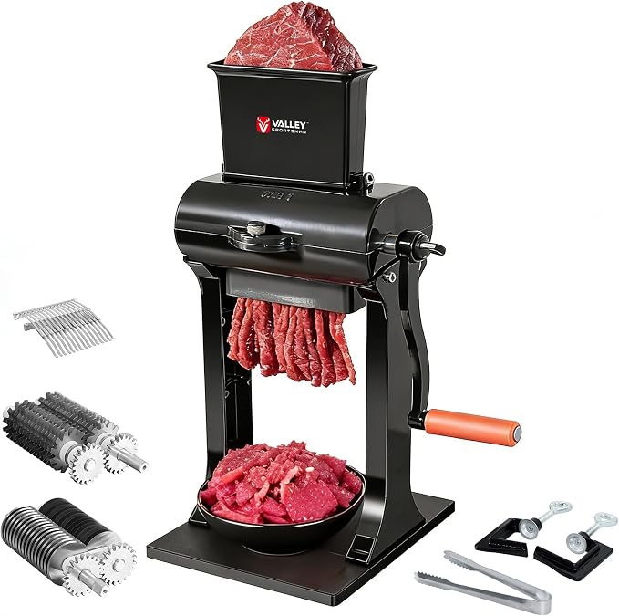 Manual Meat Tenderizer Jerky Slicer - 2 in 1 Commercial Meat Tenderizer Machine, Stainless Steel Tenderizing Blade and Jerky Slicer Blade for Beef and Chicken, Black