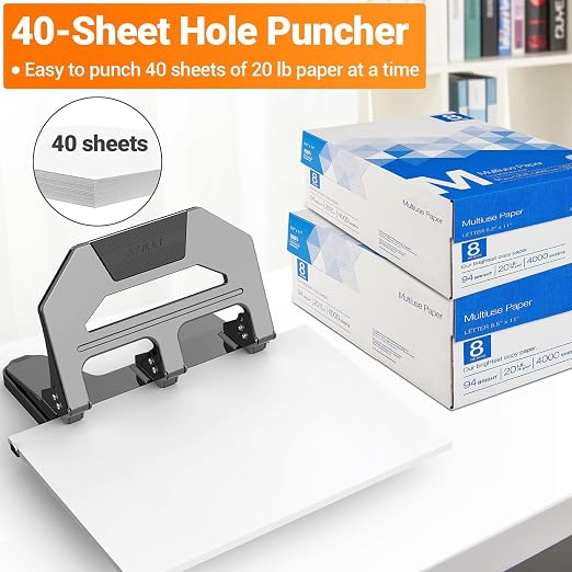 AFMAT Heavy Duty 3 Hole Punch, 40-Sheet Three Hole Puncher for Binder, 50% Reduced Effort Paper Punch, 10K+ Uses, Office Metal Hole Puncher 3 Ring w/Large Tray, Bulit-in S.S. Paper Guide, HPX2(Gray)