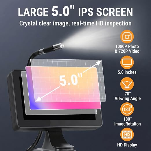 360° Articulating Borescope Camera, 3.9mm Borescope Endoscope with 5" IPS Screen, 720P HD, 4.9FT Gooseneck Cable, IP67 Waterproof Snake Cameras with 6 Lights for Automotive, Plumbing