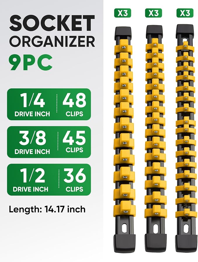 ALOANES 9PC Socket Organizer, Socket Rails Fit 1/2", 1/4" and 3/8" Drive | Heavy Duty ABS Socket Holders Hold up 129 Sockets for Toolbox Drawer Bags(Yellow)
