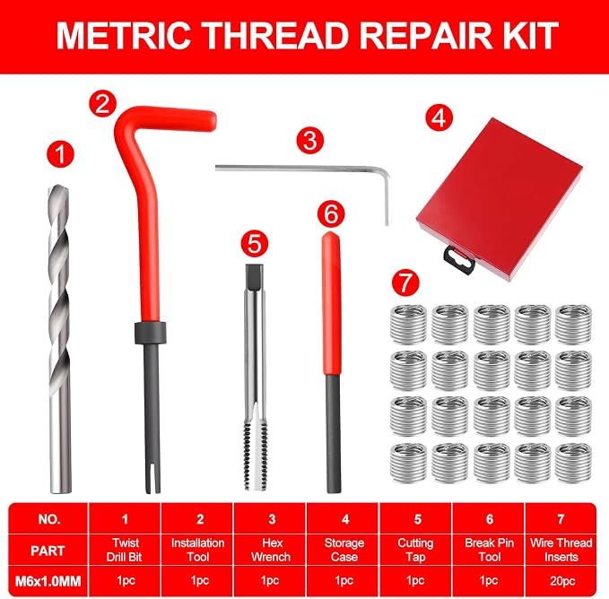 Helicoil Metric Thread Repair Insert Kit, M6X1.0mm Rethreading | Thread Repair kit with HSS Drill Bits, Rethreading Inserts Tool Set for Damaged Thread Repairing with Carry Case