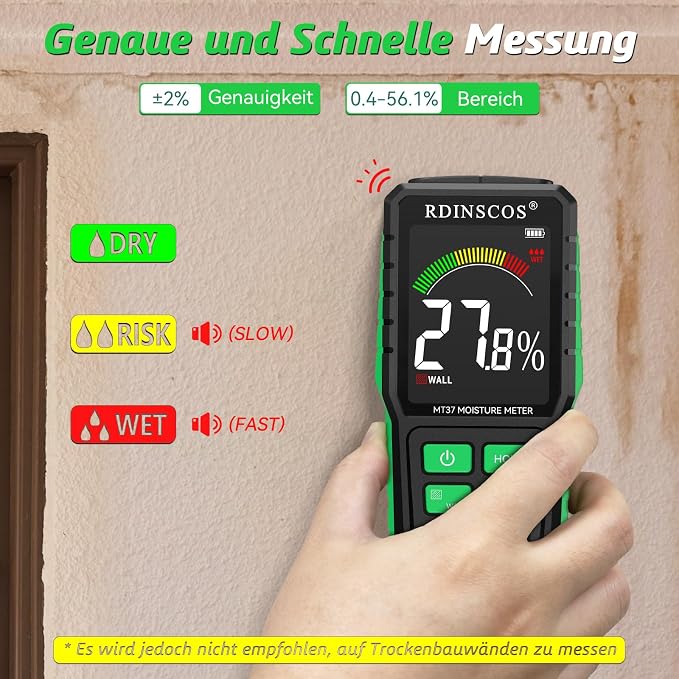 RDINSCOS Pinless Moisture Meter for Wall Digital Wood Moisture Detector | Rechargeable, Color Display, Audible Alarm, Non-Destructive, For Wall, Masonry, Wood, Building Material