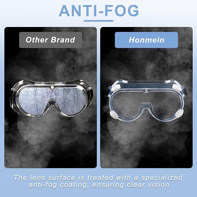 Honmein 2-Pack Safety Goggles, Anti-Fog Lab Goggles, Over Glasses Safety Glasses for Chemistry Lab, Mowing, Woodworking, Painting, Construction, Industrial Use