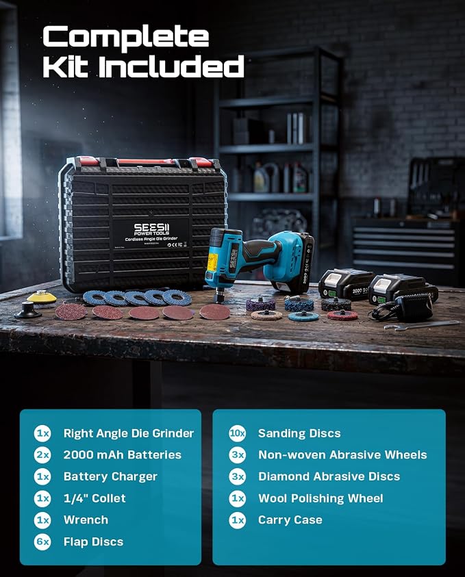 SEESII 1/4" Right Angle Die Grinder Kit, Cordless Brushless Electric Grinder w/ 2 Batteries & 23PCS 2“ Accessories, 4-Speed, Max 24500 RPM, LED Work Light, Lightweight for Grinding Deburring Engraving