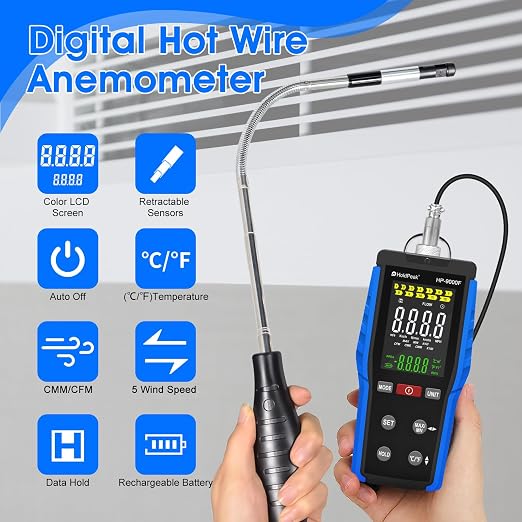 Professional Hot Wire Anemometer with Telescopic Sensor, High Precision Wind Speed Gauge, Air Flow, Temperature Meter for HVAC, Environmental Monitoring, Duct Testing, and Industrial