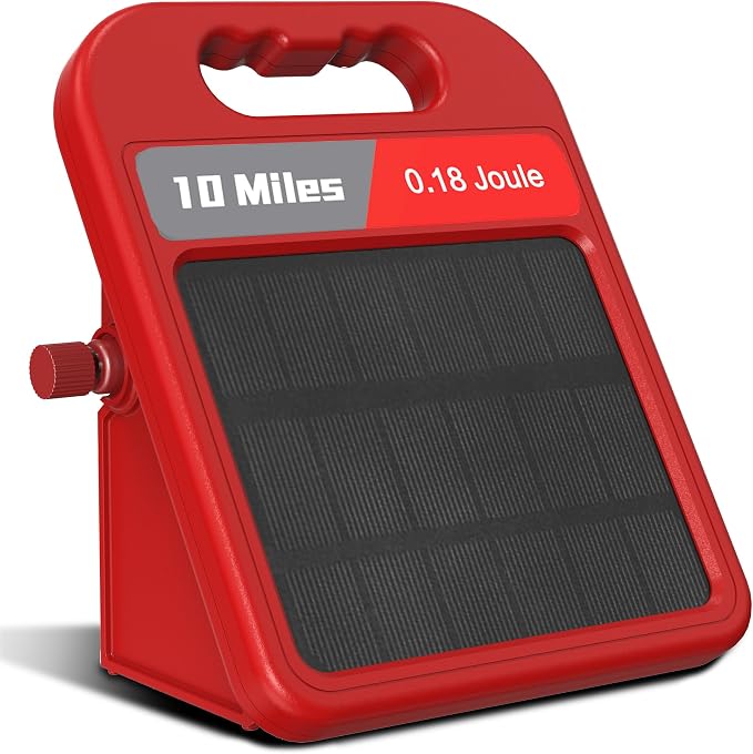 Solar Electric Fence Charger-0.18J-10 Miles, Maximum Output Voltage 9300V- Provide 24-Hour Uninterrupted Protection for Livestock and Yards with Rechargeable Solar Panel Red