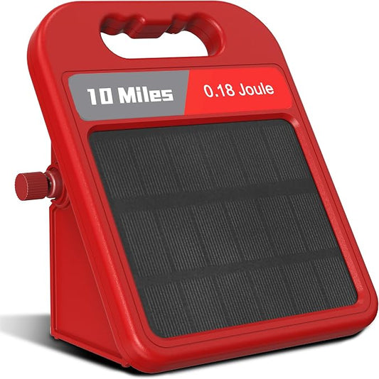 Solar Electric Fence Charger-0.18J-10 Miles, Maximum Output Voltage 9300V- Provide 24-Hour Uninterrupted Protection for Livestock and Yards with Rechargeable Solar Panel Red