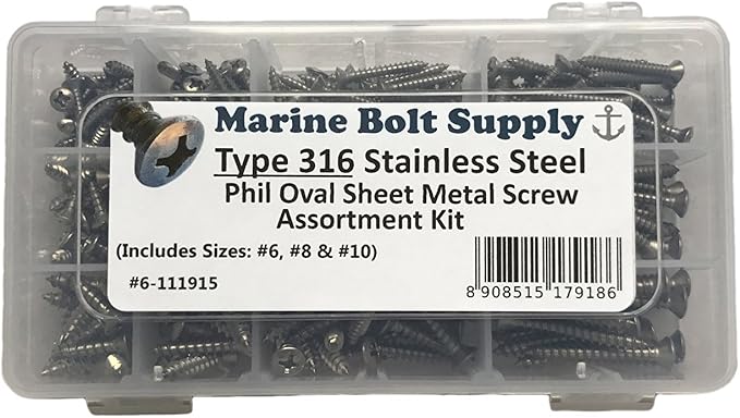 Type 316 Stainless Steel Phillips Drive Oval Head Sheet Metal Screw Kit - Marine Bolt Supply 6-111915