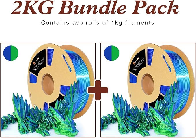 LOVOON Silk PLA 3D Printer Filament Bundle 2 KG, PLA Filament 1.75mm, Shiny Silk Blue/Green Dual Color Change by Angle, 3D Printing Filament for Most FDM Printers and 3D Pen, 1KG X 2 Spools