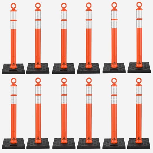 RoadHero 42 Inch Delineator Post with Base, Portable Orange Traffic Delineator Posts Cones with Reflective Collars for Parking Lots, Road Safety, Construction Events (12 Pack)