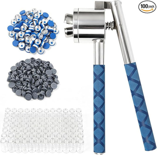 20mm Vial Crimper and 100 Pcs 10ml Clear Flip Top Glass Vials Set, Lab Bottle Sealing Tool, Vial Crimping Tool and 10ml Glass Vials