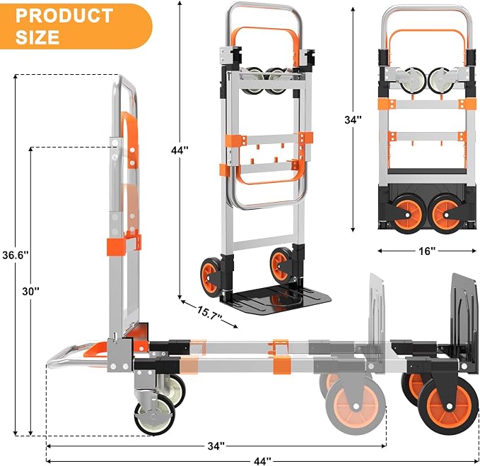 3 in 1 Aluminum Hand Truck Foldable, 500 lbs Convertible Dolly, Collapsible Dolly Cart with 4 Rubber Wheels,Portable Trolley with Retractable Handle for Moving/Office/Home/Warehouse(Orange Silver)