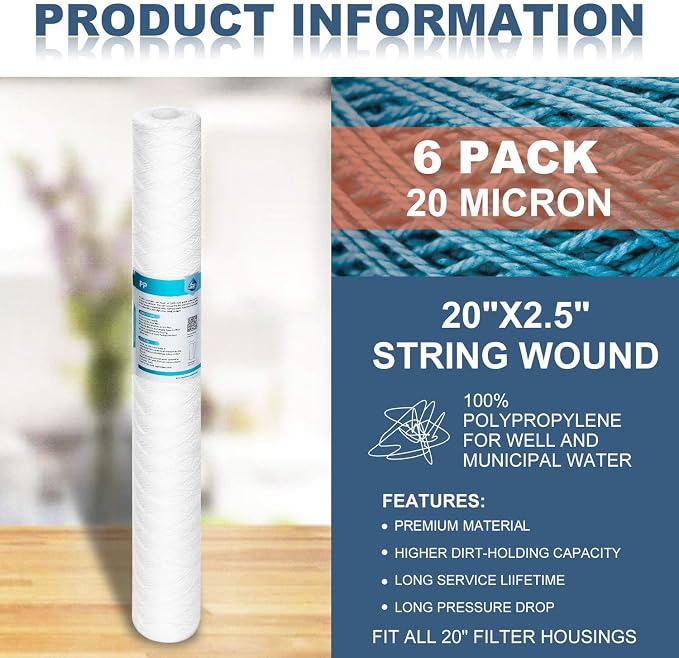 Membrane Solutions 20 Micron 2.5" OD x 20" Length String Wound Sediment Polypropylene Replacement Water Filter Cartridge - 6 Pack