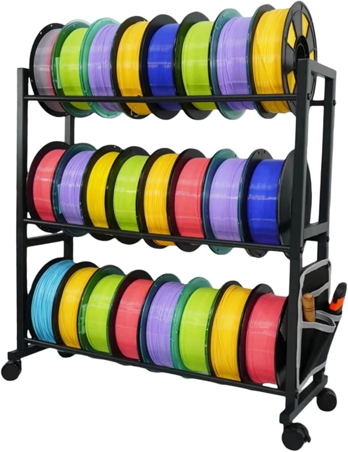 3D Printer Filament Storage Rack with Wheels,3 Tier Holds 24 Spools | Heavy Duty Carbon Steel Filament Rack, with Side Tool Bag, Spool Holder for 3D Printing Home Studio