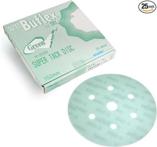 Super Buflex Flexible Dry 6 inch Sanding Discs, Green K-2000, 7 Holes, Hook & Loop, 193-1535, 25 Discs