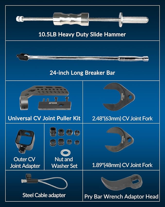 DPTOOL Inner CV Axle Puller Tool Slide Hammer Front Wheel Drive Axle Half Shaft Removal Kit with 48mm and 63mm CV Joint Fork Multi-Function Automobile Ball Joint Removal Tool