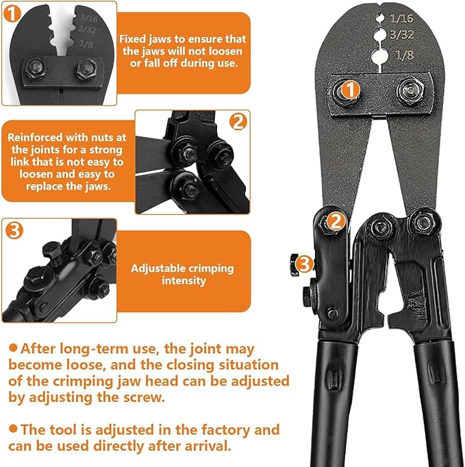 TooTaci Wire Rope Crimping Tool, Wire Rope Swaging Tool for Aluminum Oval Sleeves, Double Sleeves, Crimping Loop sleeve from 1/16-inch to 1/8-inch, Cable Crimper