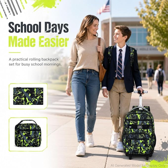 3Pcs Rolling Backpack for Boys Men, Travel Roller Backpacks with Wheels for Adults, Teens College Graffiti Wheeled Bookbag with Lunch Box(Green)