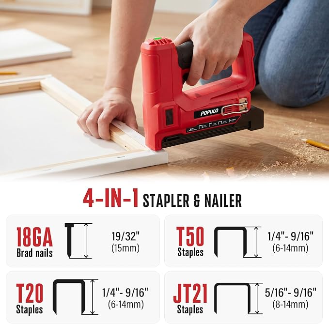 POPULO Electric Staple Gun 4 in 1 Cordless Stapler, 4V Rechargeable Band Nailer, Nail Gun Battery Powered with 2,000 Staples and Nails, Power Tacker Staple Gun for Wood, Upholstery, DIY