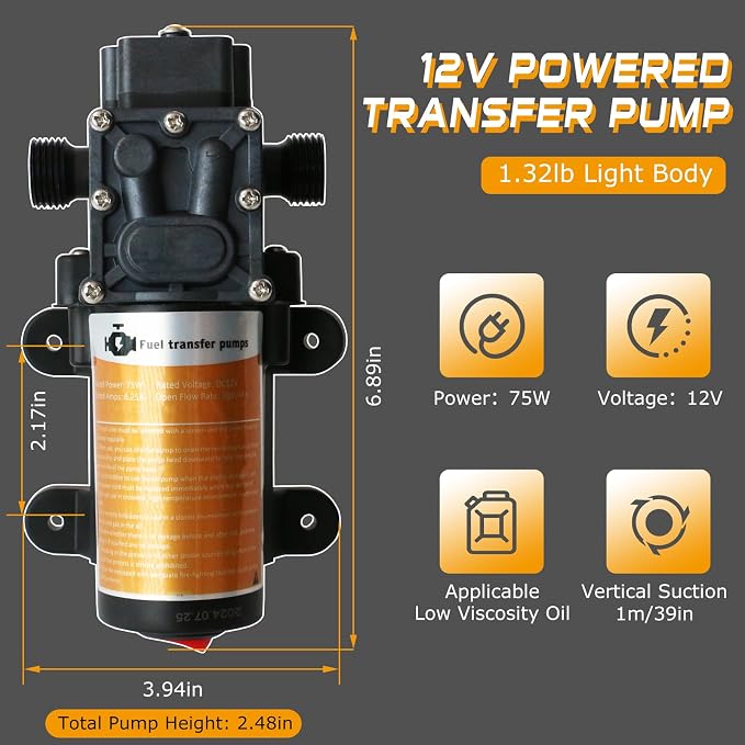 Portable DC 12V Electric Gasoline Transfer Pump, with 75W DC Motor, Moves Up to 110 Gallons of Gas or Diesel Per Hour, Suitable for Vehicles, Boats, Motorbike, Equipment, Gasoline, Diesel