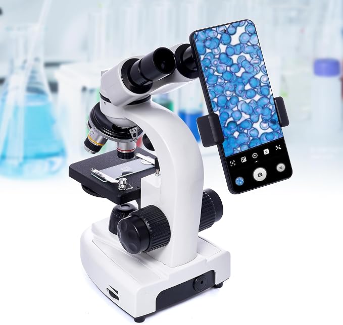 SELFIE CAT 200X-5000X Binocular Compound Microscope for Adults & Students | Wide-field optics, 4 achromatic objectives, mechanical stage, coaxial focus and phone adapter for school, home and lab use.