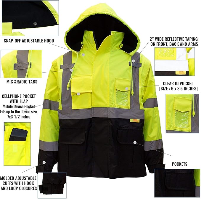 NY Hi-Viz Workwear J8511/J8512 Men's Ansi Class 3 High Visibility Safety Jacket With Zipper, PVC Pocket, Black Bottom