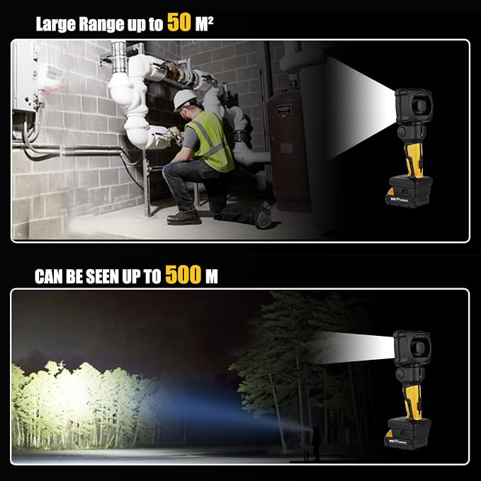 Cordless LED Work Light, Zoom Handheld Spotlight Compatible with Dewalt, Milwaukee and Makita 18-21V Battery, 3000 Lumens, Pivoting Head, (Charger and Battery Not Included)
