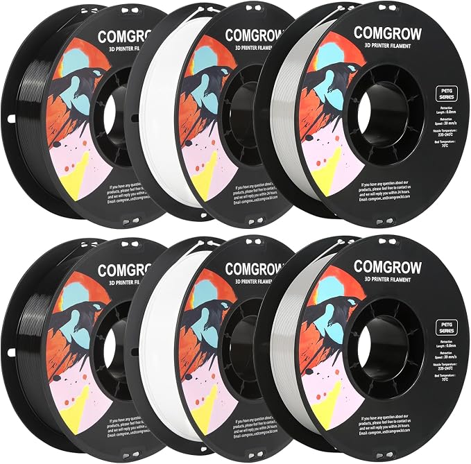 Comgrow PETG 3D Printer Filament 1.75mm, High Precision and Tough 3D Printer Filament 6 Rolls*1kg, Dimensional Accuracy +/- 0.02 mm, Fit Most 3D Printers White+Black+Grey