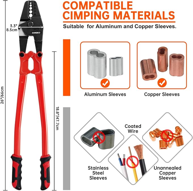 Sanuke 24 Inch Hand Swaging Tool, Wire Rope Crimping Tool 5 Cavity 1/16" 3/32" 1/8" 5/32" 3/16", Crimping and Cutting Combo Cable Crimper, Hand Swager Tool