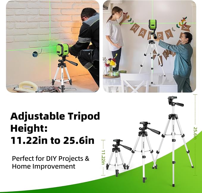 Laser Level with 25.6in Tripod, Fathers Day Dad Gifts, Huepar 100Ft Self Leveling Laser Level Rechargeable Green Cross Line Laser Leveler Tool for Picture Hanging, Tile, Home Renovation, Carry Bag