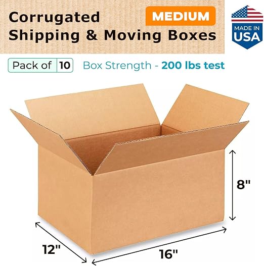 Medium Shipping & Moving Boxes 16x12x8 inches (10-Pack) - Extra Strength 200 lb vs Regular - USA-Made Corrugated Boxes for Packaging Moving and Delivering - Package Box - Carton Box by IDL Packaging