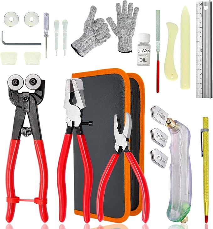 Glass Cutters Tools 24pcs Stained Glass Kit, with Wheeled Glass Nippers,Running Pliers,Breaker Grozer Pliers, Glass Cutter Head 2-20mm, Stained Glass Supplies for Mosaic,Glass,Tile Cutter